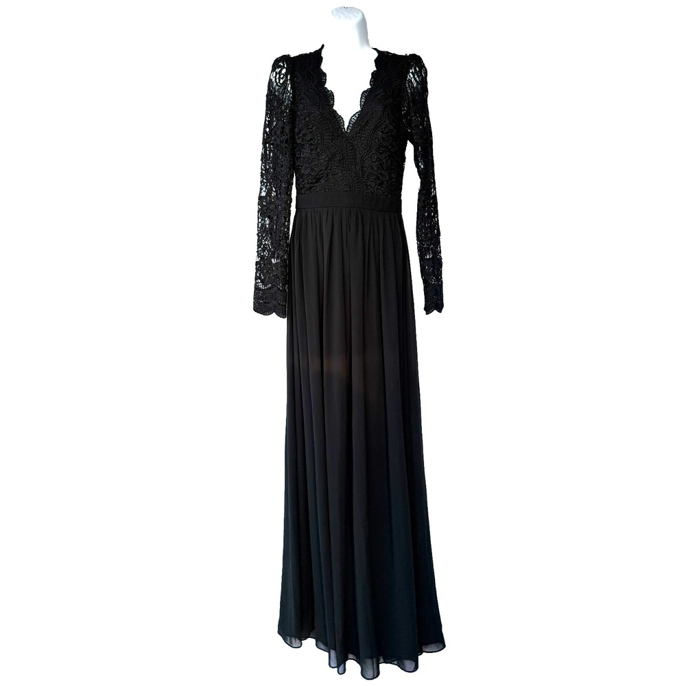 Lulus Black Lace Long Sleeve Maxi‎ Dress Gothic Romantic Open Back Wedding Small